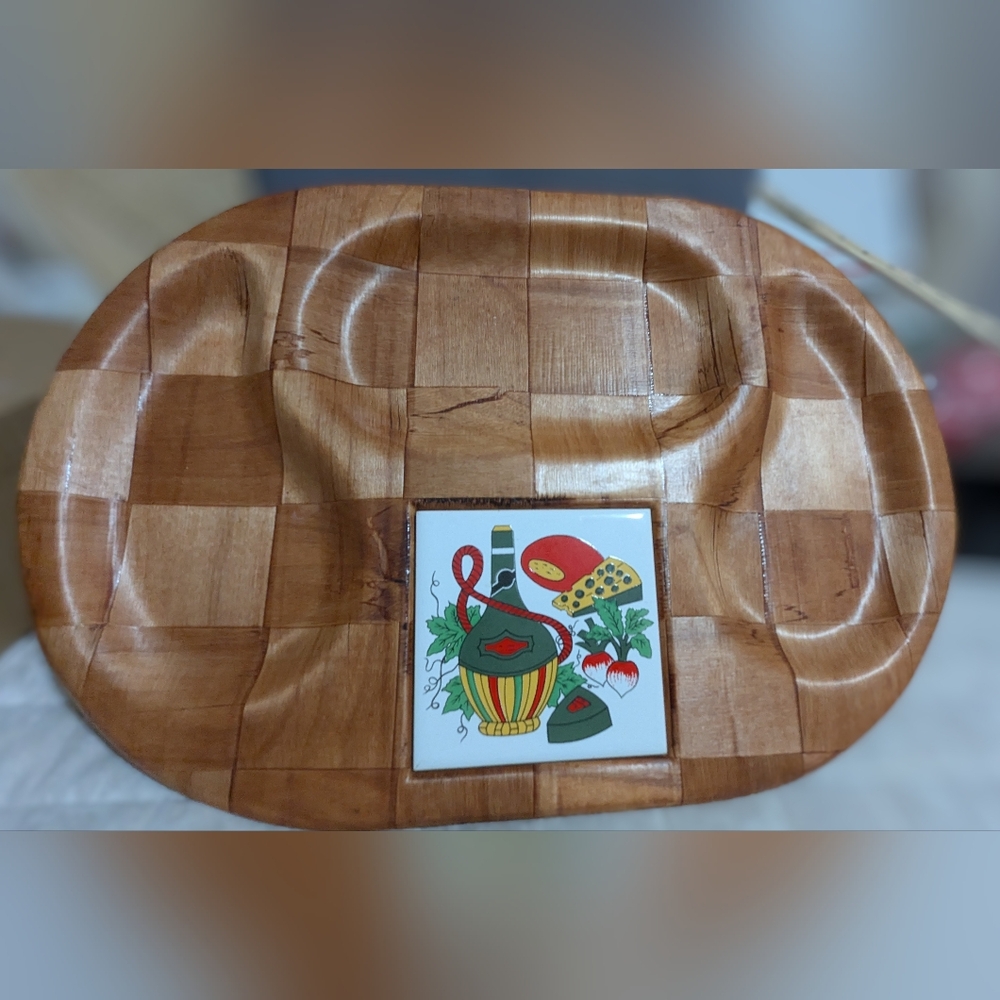 Vintage 1960s Wooden & Tile Divided Snack Serving Tray Dish Charcuterie Board